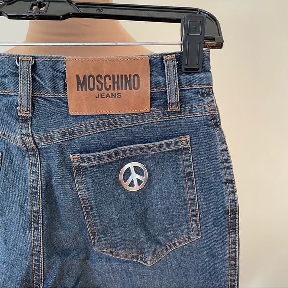 Moschino Peace Sign Vintage Y2K 2000 Mid-Rise Stretch Denim Bootcut Jeans EUC 26 - Picture 6 of 10